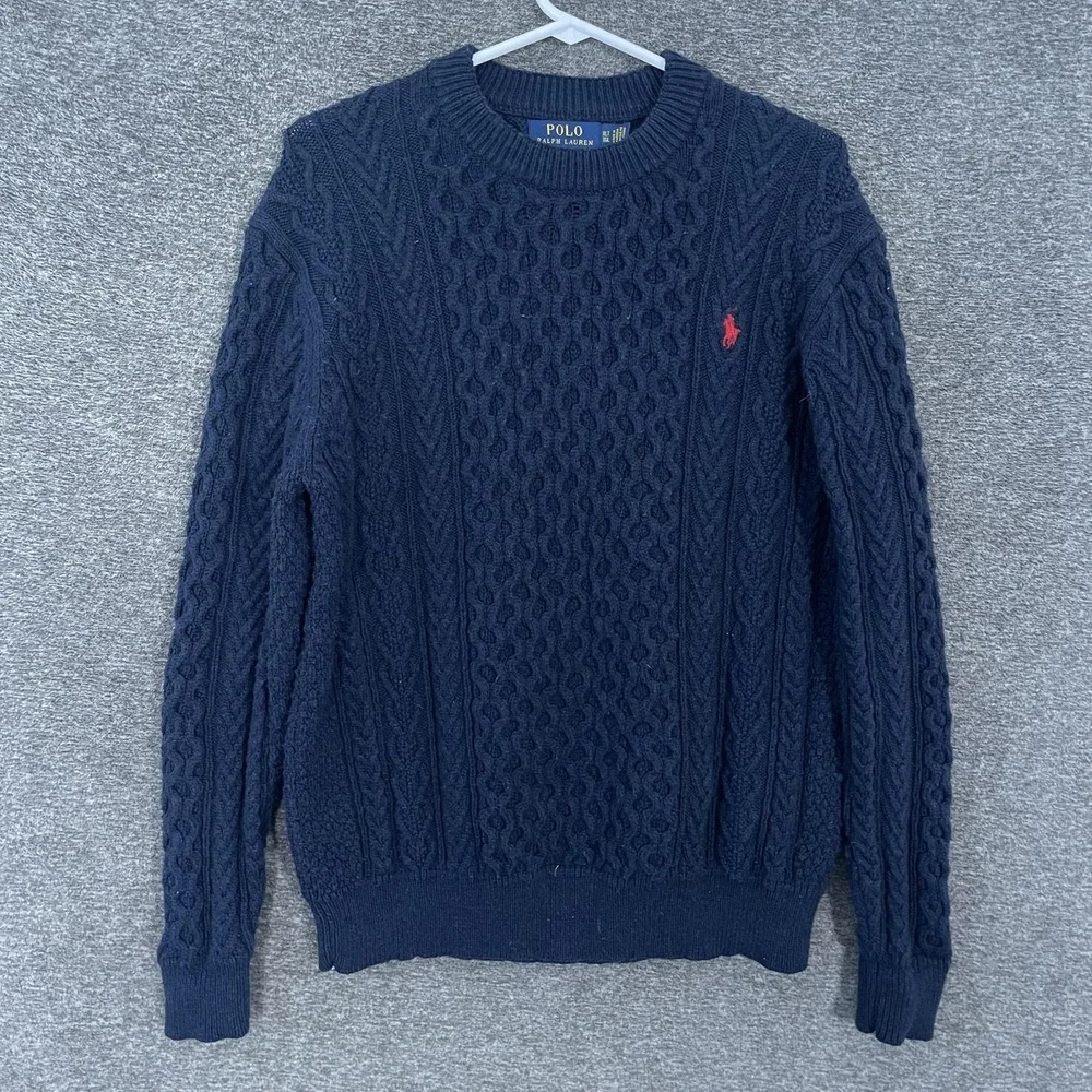 Polo Ralph Lauren Sweater Mens XLT Blue Cotton Cable Fisherman Knit Crewneck